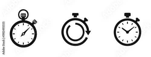 Set of three minimalist black stopwatch and timer icons for sports, productivity, and countdown concepts, isolated on white background.
