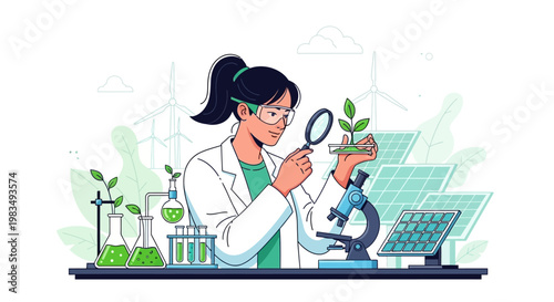 Illustration of a female scientist in a lab coat examining a plant seedling with a magnifying glass, alongside solar panels and wind turbines, in a vibrant, cartoon style against a white