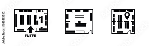 Collection of three minimalist black floor plan icons showing interior office or store layouts with entrance indicator and location pin.