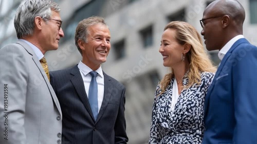 Collaborative discussions in the business district: A group of business people, engaged in thoughtful and friendly discussions.