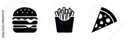 Minimalist black silhouette icons of fast food favorites: a double cheeseburger, french fries, and a pizza slice, isolated on a white background.