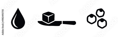 Minimalist black icons representing core cooking ingredients: a liquid drop, a butter cube on a knife, and crystalline sugar or salt shapes.