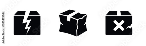 Set of minimalist black icons depicting damaged, crushed, and broken delivery boxes. Ideal for shipping and logistics concepts.