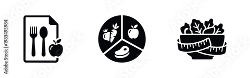 Set of three minimalist black icons representing healthy eating, diet planning, balanced meal portions, and weight loss on a white background.