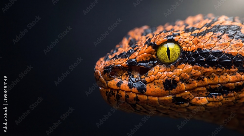 Fototapeta premium A close-up of a vibrant orange and black snake with a yellow eye staring into the distance.