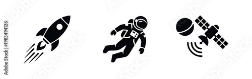 Collection of minimalist black space icons featuring a launching rocket, a floating astronaut, and a satellite orbiting a planet on white background.