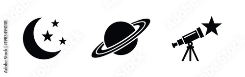 Set of minimalist black astronomy icons featuring a crescent moon with stars, a ringed planet, and a telescope. Clean vector design for space themes.