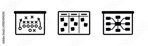 Collection of minimalist icons representing business planning, project management, and team strategy, featuring a tactics board, scrum, and mind map.