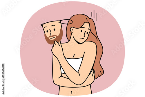 Transgender woman suffers from gender identity and dreams of becoming man, and holds male mask. Girl wishes of being part of LGBT community and thinks about possibility of becoming transgender