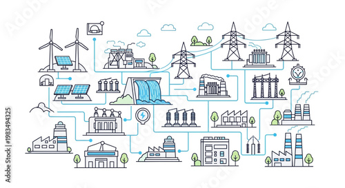 Modern Energy Grid: Renewable and Industrial Power Sources Connected