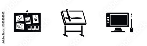 Set of black and white icons representing creative design tools, featuring a mood board, drafting table, and digital graphics tablet with stylus.