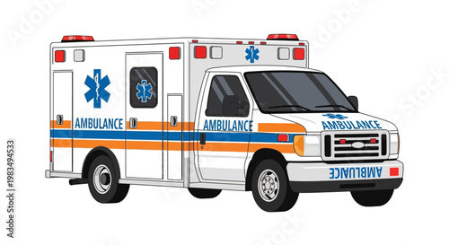 Modern Ambulance Vehicle with Emergency Lights, Vector Illustration