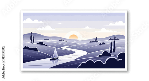 Idyllic landscape with sailboat on winding river at sunrise, rolling hills and cypress trees