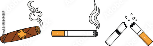 Cigarette and Cigar Illustration Set with Smoking and Broken Tobacco Symbols for Health Awareness, No Smoking Campaigns, and Risk Warning Design