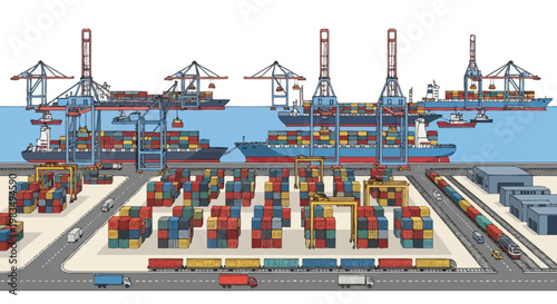 Busy shipping port with cargo ships, cranes, containers, trucks, and trains.