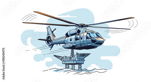 Helicopter Landing on Oil Rig Platform in Ocean, Transportation, Industry Illustration