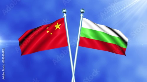 China and Bulgaria Flag Waving On Pole Loop