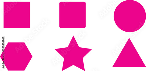 Foto PrinSet of six vibrant fuchsia pink geometric shapes including square, rounded square, circle, hexagon, star, and triangle on transparent background isolated