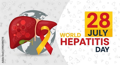 World Hepatitis Day awareness campaign with 3D liver and ribbon on globe