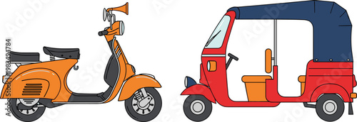 Scooter and Auto Rickshaw Illustration with Urban Transport Vehicles for City Mobility, Public Transportation, and Delivery Service Concepts