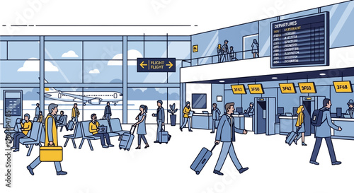 Busy airport terminal interior with passengers, check-in counters, and departure board.
