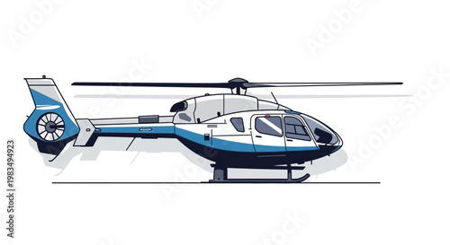 Modern White and Blue Helicopter Side View Isolated on White Background