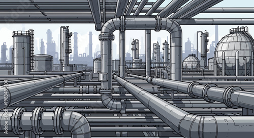 Industrial complex with intricate network of pipes and tanks, factory background