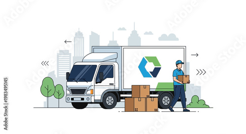 Delivery truck with worker carrying boxes, city skyline background, logistics concept