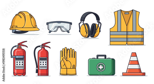Safety Equipment Collection: Hard Hat, Goggles, Ear Defenders, Vest, Fire Extinguisher, Gloves, First Aid Kit, Cone