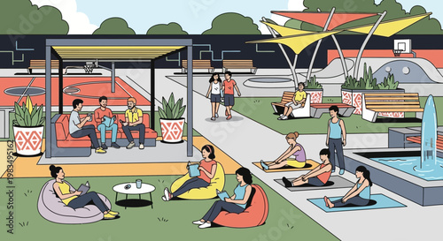 Diverse people enjoying a modern urban park with recreation and relaxation areas.