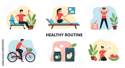 Healthy Lifestyle Routine: Fitness, Nutrition, Relaxation, Biking, and Healthy Eating