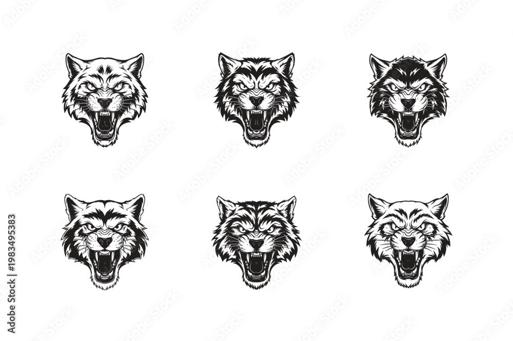 Fototapeta premium Angry Wolf Mascot Head Collection, Fierce Wildcat Tattoo Vector Set for Apparel