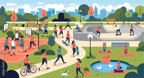 Active people enjoying diverse recreational activities in a vibrant city park