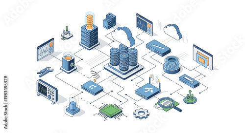 Isometric Network Diagram: Cloud Computing, Data Servers, CPU, and Connectivity Icons