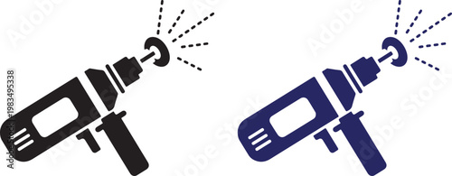 Two stylized cordless drills in black and navy blue colors emitting sparks