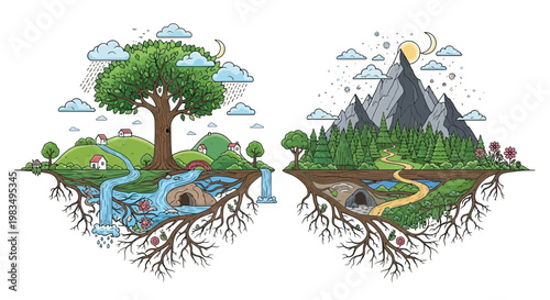 Floating Islands: Lush Greenery and Majestic Mountains Contrasting Ecosystems