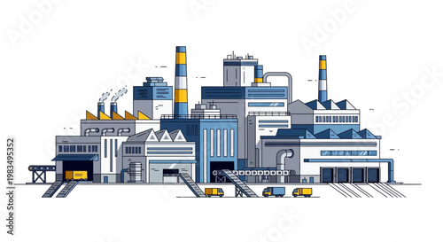 Modern Industrial Factory Complex with Pipelines and Smokestacks - Vector Illustration