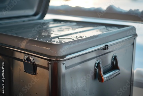 Durable aluminum storage box with latches and handle, ensuring safekeeping in a winter setting