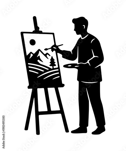 A black and white silhouette illustration of a male artist standing and painting a beautiful mountain landscape.