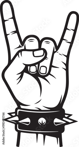 Rock, hand gesture, horn, heavy metal sign, black and white vector isolated on Transparent Background