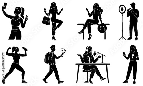Social Media Influencer Lifestyle Silhouettes: Diverse Content Creators, Podcasters, Fitness Enthusiasts, and Live Streamers Capturing Moments for Digital Marketing and Online Engagement