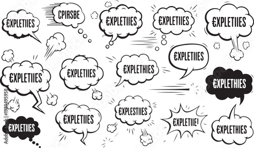 Expletive speech bubbles, comic book expressions, profane chat icons isolated on Transparent Background