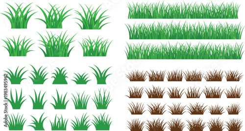 Collection of green and brown grass silhouettes set isolated on white background, natural lawn borders and vegetation vector elements