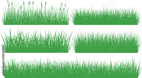 Seamless green grass borders collection isolated on white background, natural lawn strips for landscape design and vector illustration