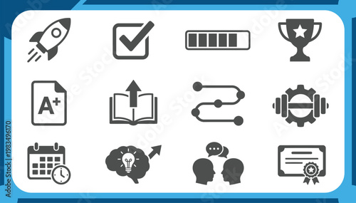 Large Collection of Self Development Icons Featuring Rocket Launch Start Up, Education Progress Bar, Achievement Trophy, Brainstorming Ideas and Career Growth Graphic Elements Vector Set