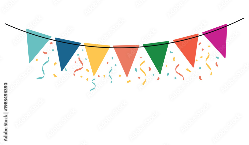 Obraz premium Colorful Party Bunting Flags with Confetti Celebration Banner. Festive Pennant Garland Decoration with Falling Confetti Illustration.