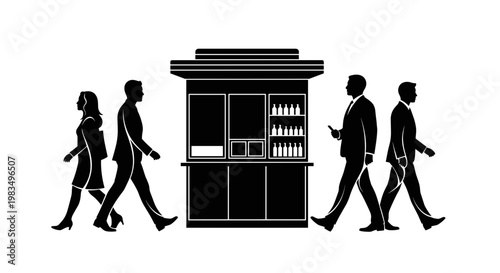 Silhouette of people walking past a beverage kiosk in urban setting  