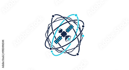 Satellite Orbiting Earth with Atomic Structure Illustration