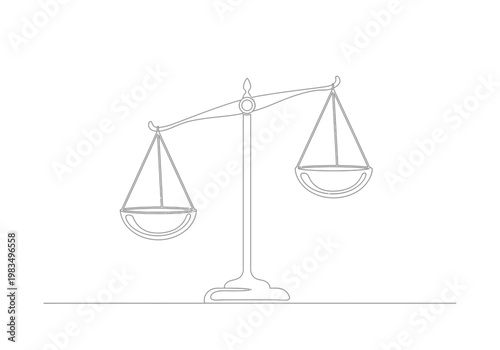 Single line art drawing of an imbalanced justice scale on white background