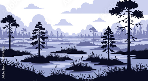 Serene landscape with trees and water in monochrome blue tones  